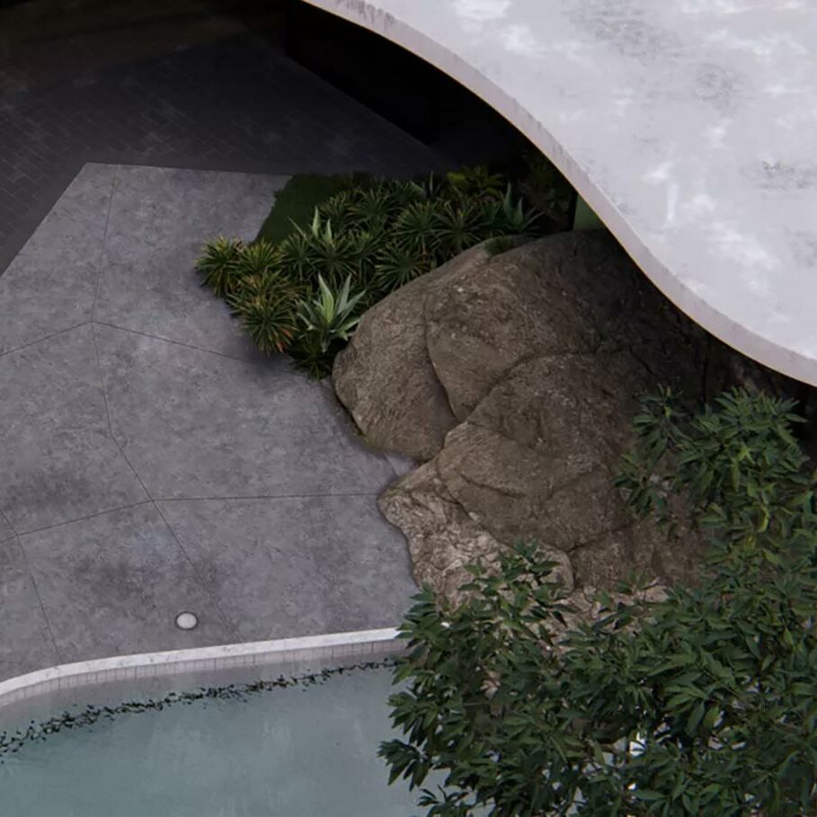 Zoom sur le rocher de La Casa das Canoas - Projet Lumion 2023 par Adam Ingram